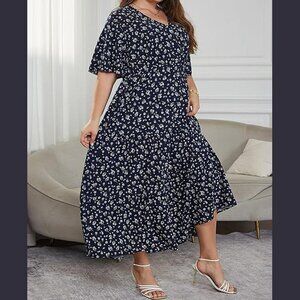Keluummi Plus Size Summer Navy White Floral Maxi Dress 3/4 Sleeve Size 16